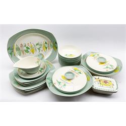 Norwegian Figgjo Flint dinner service comprising six bowls, six side plates, five larger plates, one oval platter, sauceboat and stand and two tureens and covers, together with a  Figgjo Flint box and cover decorated with a cow