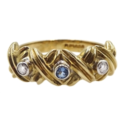 9ct gold three stone diamond and blue topaz ring, hallmarked 