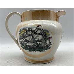 19th century Sunderland orange lustre jug with a study of a sailing ship 'True Love from Hull', the reverse with Noran Creina Steam-Yacth (sic), and a verse titled 'Love' H18cm