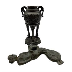 African Benin type bronze censer in the form of a reclining figure L20cm and a Chinese bronze censer H19cm