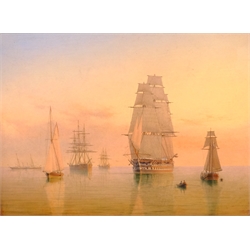 William Frederick Settle (British 1821-1897): Shipping Becalmed, oil on panel, signed and dated 1884, 22cm x 30cm
