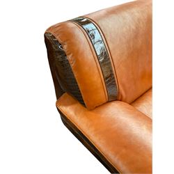 Formitalia - contemporary designer wide armchair upholstered in orange leather with crocodile skin design pattern trimming, padded arm rests above gilt buckle uprights, on block feet