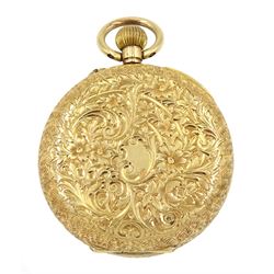 Early 20th century 18ct gold open face keyless lever fob watch, gilt dial with Roman numerals, the case with engraved foliate decoration and stamped 18K with Helvetia hallmark