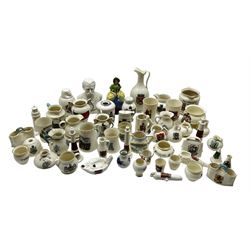 Quantity of Goss crested china including figure 'Miss Julia', parian bust of W H Goss,  sugar caster commemorating 1911 coronation, Beachy Head, Portland, Eddystone and Teignmouth lighthouses and other Goss items approx 55 pieces