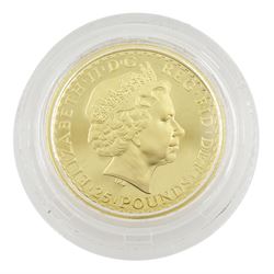 Queen Elizabeth II 2005 gold proof 1/4 ounce Britannia coin, cased with certificate 

