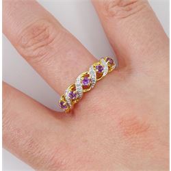9ct gold five stone amethyst and diamond cross over ring, hallmarked