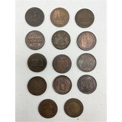 Fourteen 19th century tokens, including New Brunswick one penny token dated 1843, Province of Nova Scotia one penny token dated 1824, Phoenix iron-works Sheffield one penny token dated 1813 etc