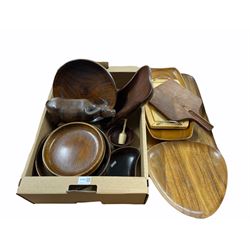 20th century carved dark wood Buffalo, two oak fruit bowls and a pedestal bowl, carved shaped bowls, serving trays etc 