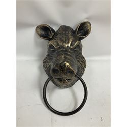 Bronzed effect painted cast iron wall hanging Boar head with metal ring, H24CM