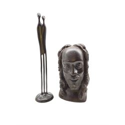African carved bust of a man and a contemporary bronze sculpture of an ambiguous stylised couple by Louise Hederstrom (2)