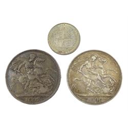 Two Queen Victoria crowns dated 1893, 1897 and a 1887 shilling coin (3)