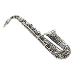 Silver marcasite saxophone brooch, stamped 925