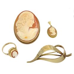 Gold cameo brooch, ring and pendant and a gold leaf brooch, all hallmarked 9ct