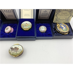 Five Halcyon Days enamel boxes including 'Wren' No. 32/500 and complete with farthing, 'Flowers in a Vase' 'Cliff Walk at Pourville' and two small floral examples together with Crummles limited edition 'Golden Jubilee' box 144/250 all boxed and a Crummles box with a ploughing scene