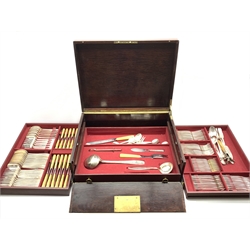 Canteen of Christofle and matching plated cutlery for twelve covers, approx 125 pieces with faux bone handled knives etc with some additions including Leg of Mutton holder in a rosewood box with sliding trays, recessed brass handles and brass name plate engraved with a monogram W55cm x D42cm x H20cm