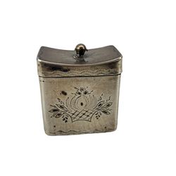 19th century Dutch rectangular silver box chased with rural figures 6.5cm import marks London 1898, Dutch heart shape pill box, the hinged cover chased with figures in a garden, Dutch silver patch box and a Dutch ornamental spoon (4)  Provenance:  From the Estate of the late Dowager Lady St Oswald 