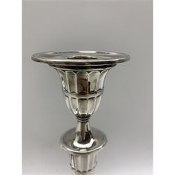 Pair of late 20th century silver candlesticks, of George III style with urn form sconces with tapering stems on filled navette shaped bases, hallmarked James Dixon & Sons, Chester 1992, H29cm