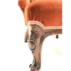 Victorian walnut framed button back upholstered chair, raised on scrolled and floral carved cabriole supports W60cm