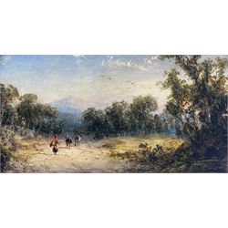English School (Mid-19th century): Continental Landscape with Figure and Donkeys with Mountain Behind, oil on board unsigned 15cm x 25cm