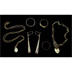 9ct gold jewelery including pair do pendant earrings, gate bracelet, stone set ring etc, hallmarked or tested