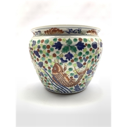 20th century Chinese Doucai porcelain jardinière decorated with fish and shrimp amidst aquatic plants, Yongzheng mark to base H18.5cm x D23cm 