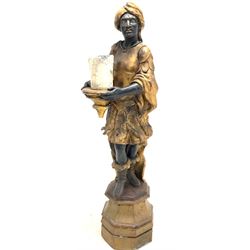 Late 20th century figural fibreglass uplighter in the form of a blackamoor holding a candle, raised on an octagonal plinth H171cm