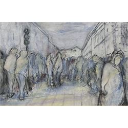 Circle of Valerie Ganz (Welsh 1936-2015): Figures in a Square, pastel unsigned 25cm x 39cm