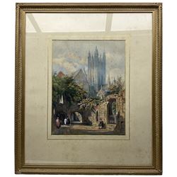 English School (19th century): Figures Before Canterbury Cathedral, watercolour heightened with white indistinctly signed and dated 1854, 50cm x 39cm