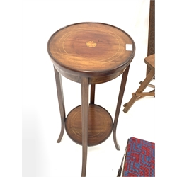 Small beech folding two rung step ladder, (H69cm) another similar step ladder, (H52cm) an oak stool with upholstered seat panel, (W52cm) a carved wood wall hanging shelf unit, and an Edwardian inlaid mahogany jardiniere stand, (H79cm) 