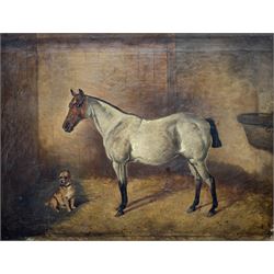 English Naïve School (early 20th century): A Gentleman's Hunter Roan Horse in Stable with Terrier, oil on canvas unsigned 44cm x 58cm