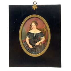 Late 19th/early 20th century, half-length watercolour on ivory of a woman in Victorian dress in ebonised frame 13cm x 9.5cm This item has been registered for sale under Section 10 of the APHA Ivory Act