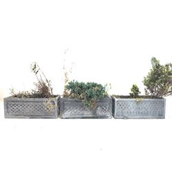 Pair of lead effect trough shaped planters, and another similar planter (W71cm) together with a smaller pair of similar planters 