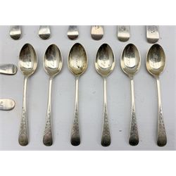 Set of six George III silver tea spoons London 1812 Maker Samuel Hennell, set of six engraved silver tea spoons Sheffield 1931/2 and five other tea spoons 9.9oz