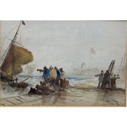 William James Callcott (British fl.1843-1890): Figures on the Quayside, watercolour signed 11cm x 17cm