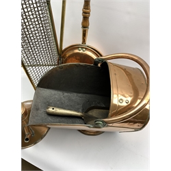 Victorian copper coal scuttle together with a brass fire guard, copper warming pan with turned oak handle, copper teapot and brass poker 
