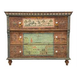 Possibly Swedish 19th century painted pine chest, the projecting reeded cornice over three drawers painted with folk art scenes, the top drawer depicting naive trees and birds flanked by stylised floral motifs, above a landscape scene, raised on turned feet