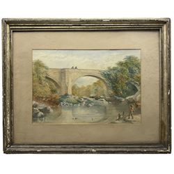 EM Edmonds (British 19th century): Anglers at Devils Bridge - Kirkby Lonsdale, watercolour signed 35cm x 51cm