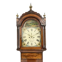 William Summerhayes of Taunton - 8-day mahogany longcase clock c1850, crested pediment with a ball and spire finial, wavy-edged break arch door flanked by rope twist pilasters and matching recessed pilasters to the trunk, with a short flat topped trunk door, square plinth with applied skirting, fully painted dial with Roman numerals and a rare depiction of an early steam train to the break arch, subsidiary calendar aperture and seconds dial with matching stamped brass hands, rack striking movement striking the hours on a bell. With pendulum and weights. Passenger Steam Trains were introduced in the 1820s and images were soon reproduced on many domestic artefacts of the period. Depictions on longcase clock dials however are seldom seen, as such this is a good rare example.