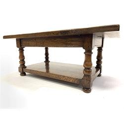 18th century style solid oak coffee table, turned supports united by under tier, 122cm x 68c, H50cm