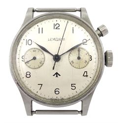 Lemania British Military Royal Navy Nuclear Submarine single button manual wind chronograph wristwatch, circa 1960's, 17 jewel movement, Cal. 2220, serial No. 1808479, case makers mark HF,  issue markings 0552/924-3312 ^ 81169