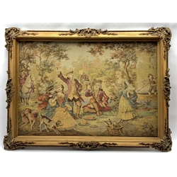 Pair of tapestries, machine woven depicting 18th century scenes, mounted in decorated gilt frames, 108cm x 81cm 