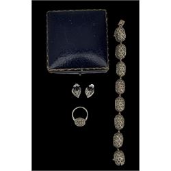 Group of silver jewellery and costume jewellery, including two silver ingot pendants, a silver gate link bracelet, silver panel link bracelet, a Victoria 1889 crown mounted as a brooch, silver marcasite jewellery and costume jewellery necklaces