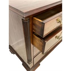 George III mahogany chest, moulded rectangular top over two short and three long cock-beaded graduating drawers, with canted corners with fluted upright quarter columns, on ogee bracket feet