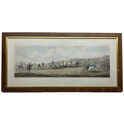 Thomas Sutherland (British 1785-1838) after Henry Thomas Alken (British 1785-1851): 'Epsom - Running' 'Ipswich - Weighing' 'Ascot Heath - Preparing to Start' and 'Newmarket - Training', set four racing equestrian aquatint engravings with hand colouring pub. R Ackerman 1818, 21cm x 64cm (4)