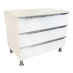 Hülsta Metis Plus - white gloss, opaque glass and polished metal three drawer chest, retailed by Redbrick Mill of Batley 