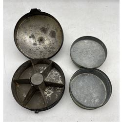 Georgian black toleware spice box of circular form with hinged cover revealing six compartments and central nutmeg grater, D17.5cm together with a Barge ware painted tin box (2)