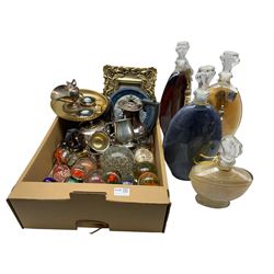 Seiko Quartz SQ100 wristwatch, group of glass paperweights, four large glass bottles containing bubble bath, ornate gilt picture frame etc in two boxes