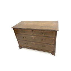 Early 20th century mahogany chest fitted with two short and two long drawers, with satinwood banding and boxwood floral inlay, raised on bracket supports, W122cm, H83cm, D55cm