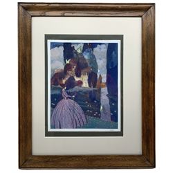Victor Veysy (British early 20th century): Art Deco Fairytale Scene Woman Before Castle, watercolour signed 32cm x 55cm