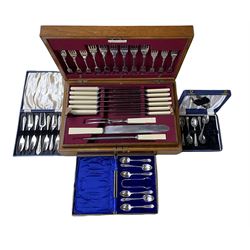 Oak canteen of plated cutlery, bone handled knives etc and three cases of plated cutlery